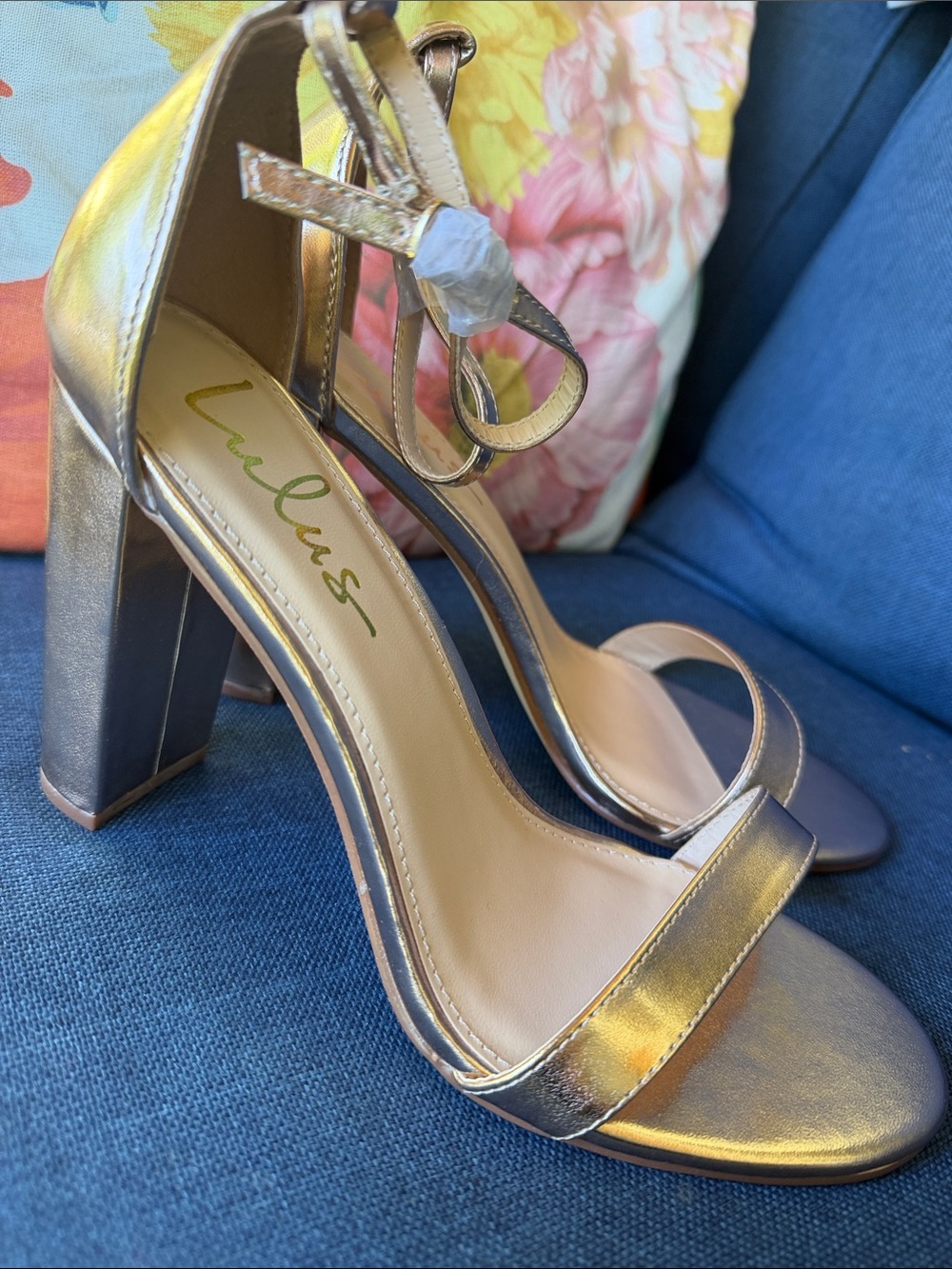 Lulu's Metallic Gold Block Heel Ankle-Strap Sandals